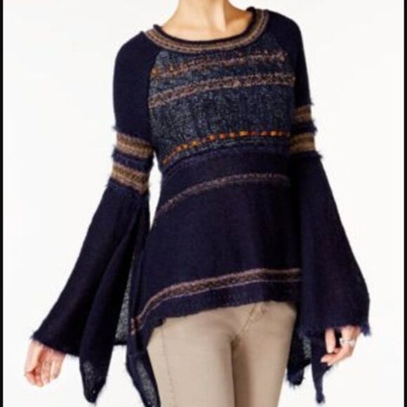 Free People | Navy Bell Sleeve Mixed Knit Sweater Size Medium - Picture 1 of 13